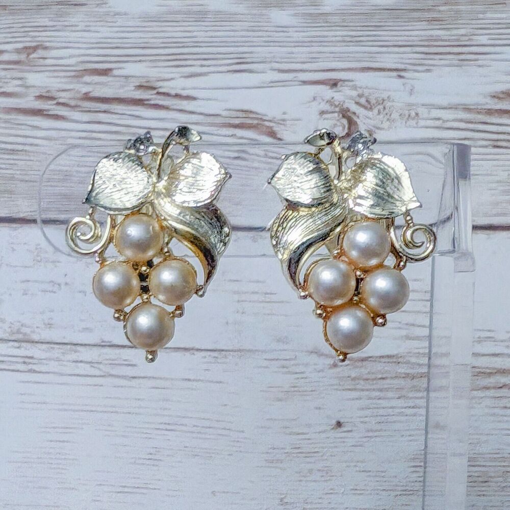 Vintage Clip On Earrings - Statement Faux Pearl Grapes with Leaves